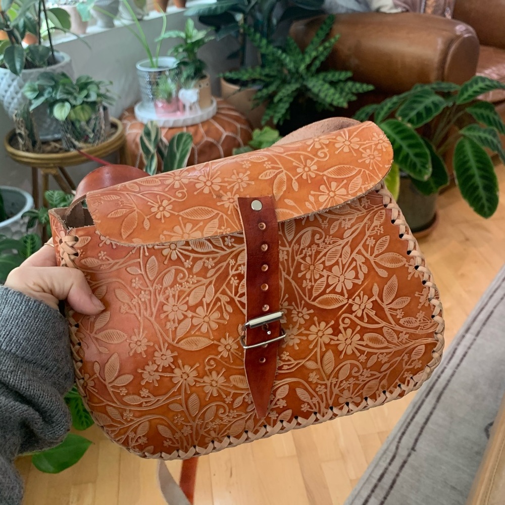 Brown Leather Shoulder Bag with Floral Embossing